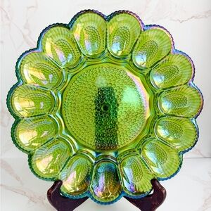 Vintage Indiana Glass Deviled Egg Plate in Iridescent Green Hobnail Glass
